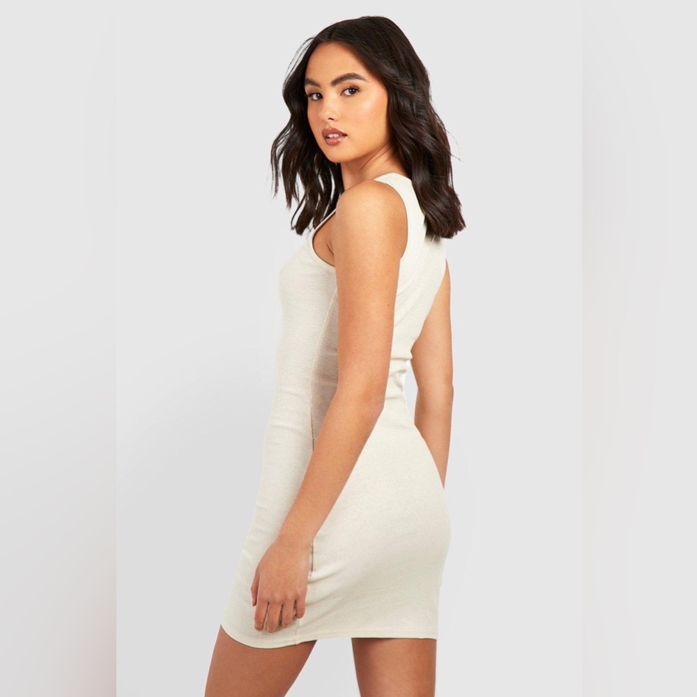 Missguided Cream Ribbed HighNeckline Dress Tall